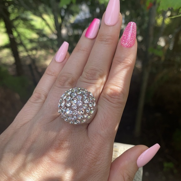 Women’s Acrylic Ring With Crystal Embellished Stones, Statement Ring, Clear - Picture 3 of 16